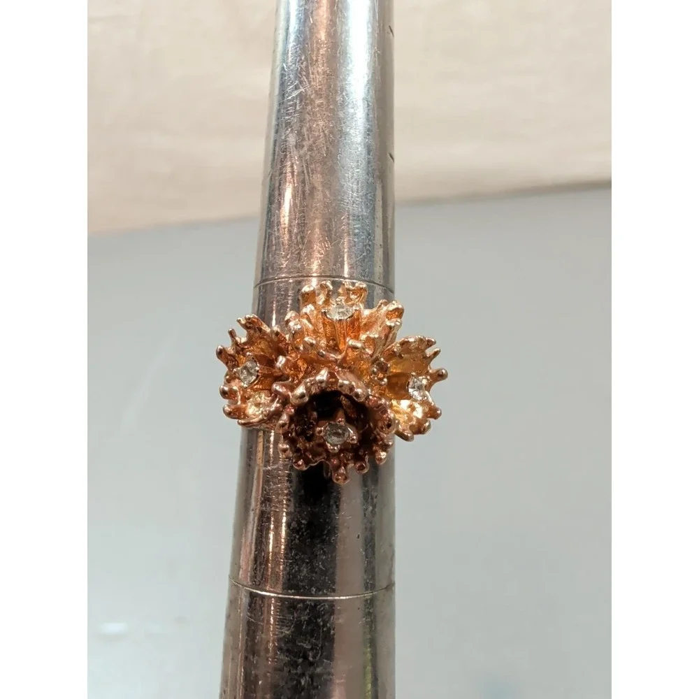 Vintage Floral Cluster Ring Gold Tone Clear Stones Sculptural Nugget Size 6.25